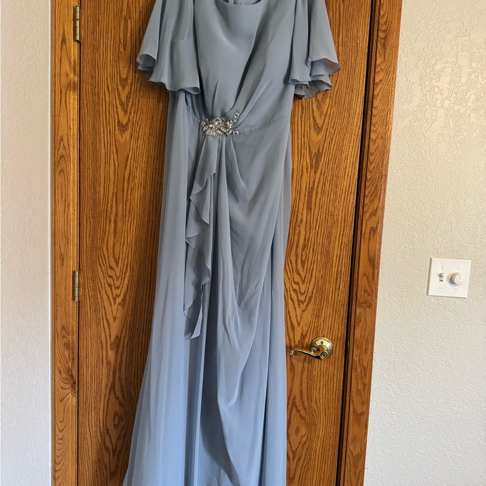 Azazie Gray Flutter Sleeve V-Neck Gown